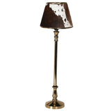 Tall brass metal shade with a distinctive metal shade covered in brown cow hide.  ' H: 63 cm  W: 20 cm 