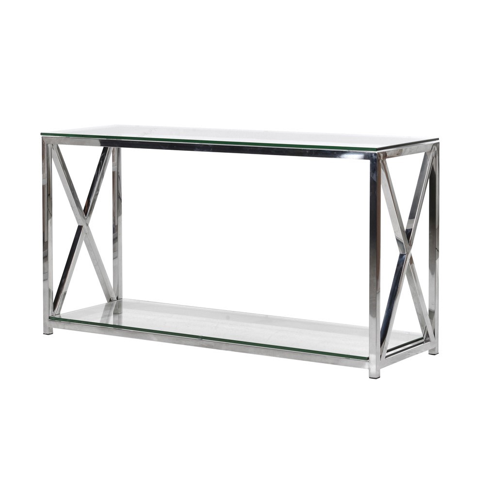 Polished chrome console with cross ends and lower shelf.Polished chrome and glass console, phenomenal size adding light to any space. The 40cm depth means it will fit perfectly in a narrow hall.