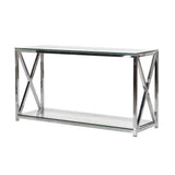 Polished chrome console with cross ends and lower shelf