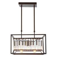 Rectangular industrial caged chandelier with clear glass rods and dark metal frame hanging over a modern kitchen ceiling