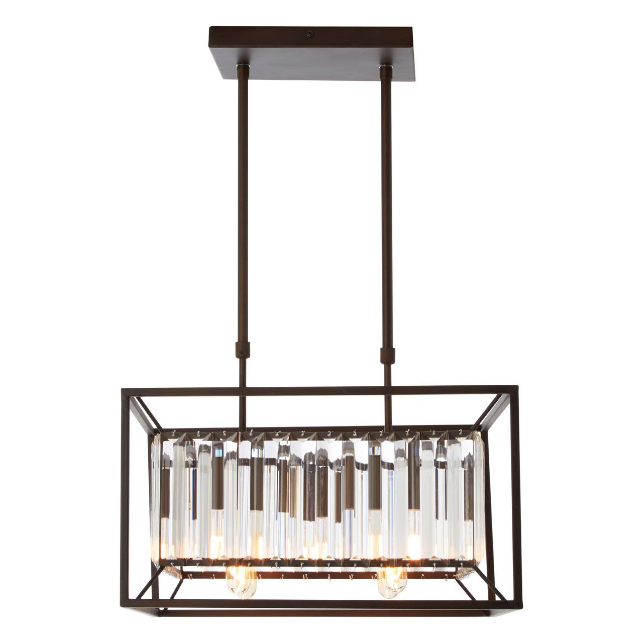 Rectangular industrial caged chandelier with clear glass rods and dark metal frame hanging over a modern kitchen ceiling