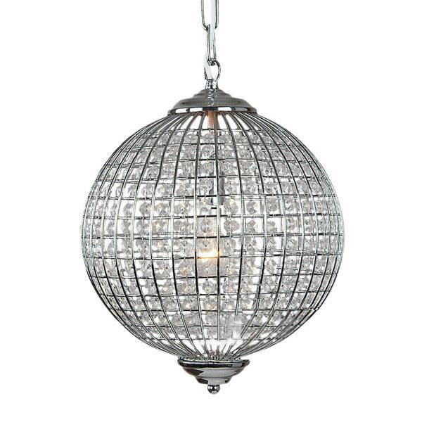 Chrome Globe Chandelier available in two sizes 50cm or 40cm wide. Crystal beading encased in silver metalwork reflects a pretty pattern around your ceiling and walls.
