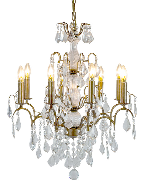 Stunning classic shaped chandelier smothered in crystal drops on a gold metal base.