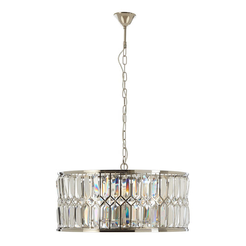 Polished nickel framed chandelier with faceted crystal drops making this an opulent caged light a luxurious addition to any space.  W: 60 cm D: 60 cm H: 30 cm.