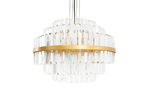 Stunningly beautiful crystal and gilt chandelier.  A substantial volume of crystal prisms are collared by a gold gilt metal band in an exceptionally stylish mix.  Also available in a 80cm size.  H: 35 cm W: 50 cm