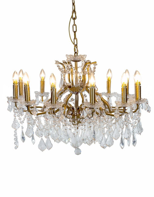 Large crystal 12 branch gold chandelier.