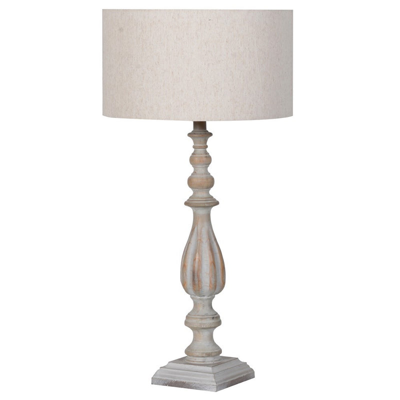 Decorative curved wooden lamp with linen shade in a rubbed limewashed finish, a really spectacular light.