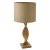 Tall, pale, spiral wooden lamp base in natural oak finish with a natural coloured linen shade.