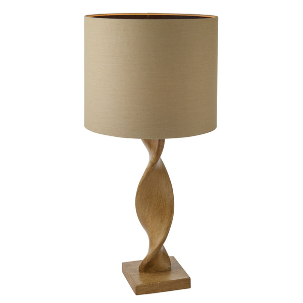 Tall, pale, spiral wooden lamp base in natural oak finish with a natural coloured linen shade.