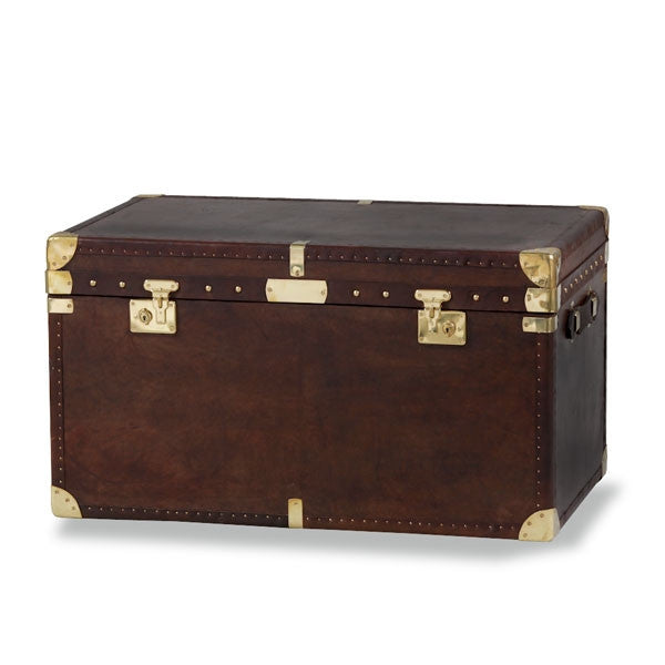 Large "Coffee Table" Brown Leather & Brass Travel Trunk