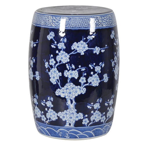 Dark blue and paler blue decorated ceramic stool, perfect for indoor or outdoor.