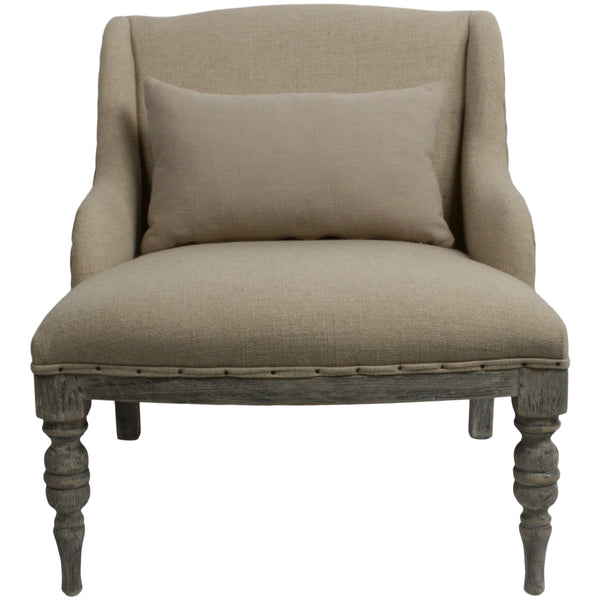 Perfect deconstructed chair in a taupe linen with lime wash, turned legs and antique style studding. Get the lived in country house feel with just this one chair in your home.