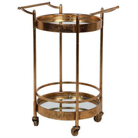 Small, neat round gilt metal drinks trolley. Perfect for display whether for cocktail glasses and bottles, or in the bedroom for perfume bottles and cosmetics.