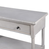 Very long grey painted console table with 2 drawers and 2 shelves below. Exceptional size and quality. Definitely one of the narrowest console tables perfect for small halls.