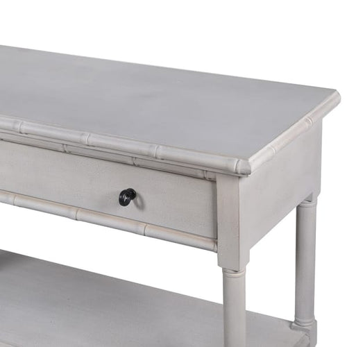 Very long grey painted console table with 2 drawers and 2 shelves below. Exceptional size and quality. Definitely one of the narrowest console tables perfect for small halls.