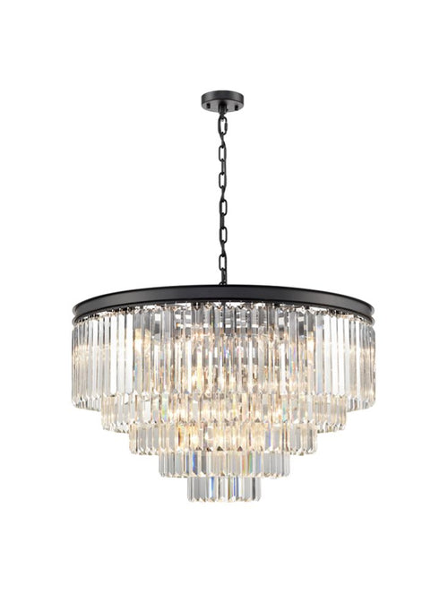 A phenomenally large 5 tier, 27 light,  crystal prism chandelier on a black metal base.   A striking feature for any room.  W: 80 cm Min Drop: 74 cm Max Drop: 253 cm.  Exceptional size and quality with an extravagant display of 5 tiers of crystal prisms.