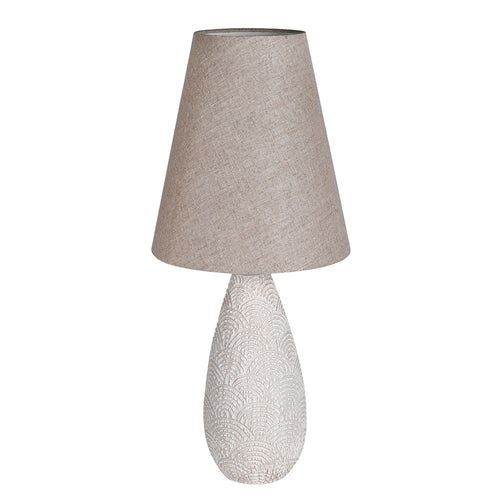 Very tall, design led table lamp with tall, conical shade, will make a smaller space look bigger spreading light and adding style to any table.
