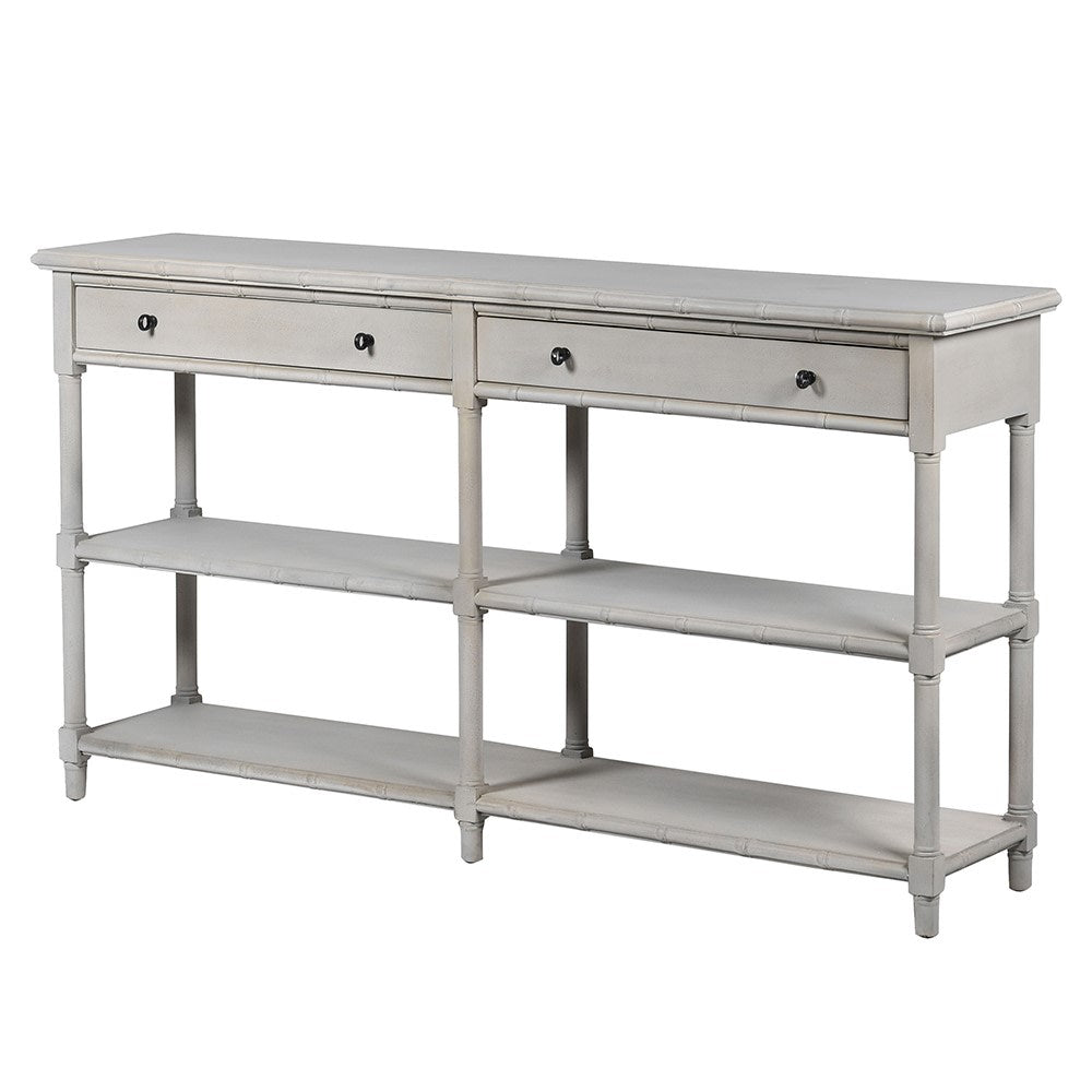 Very long grey painted console table with 2 drawers and 2 shelves below. 