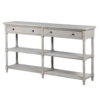 Very long grey painted console table with 2 drawers and 2 shelves below. 