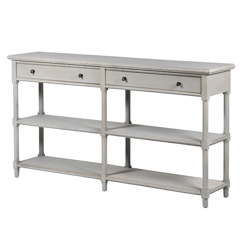 Very long grey painted console table with 2 drawers and 2 shelves below. 