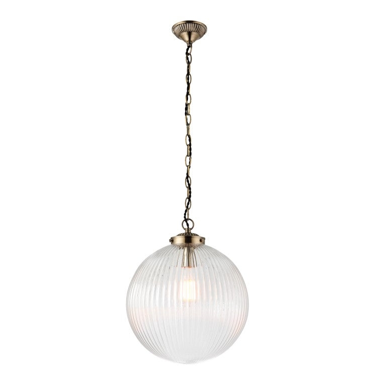 This oversized ribbed glass pendant will add a simple but elegant feel to any hall or stairwell, a simple design but on a large scale. The addition of a warm filament bulb you will create the perfect ambience.    W:&nbsp; 35 cm&nbsp; H: 100 cm including flex.  Weight: 1.87 Kg  Requires 1 x E27 Edison screw bulb.