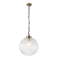 This oversized ribbed glass pendant will add a simple but elegant feel to any hall or stairwell, a simple design but on a large scale. The addition of a warm filament bulb you will create the perfect ambience.    W:&nbsp; 35 cm&nbsp; H: 100 cm including flex.  Weight: 1.87 Kg  Requires 1 x E27 Edison screw bulb.