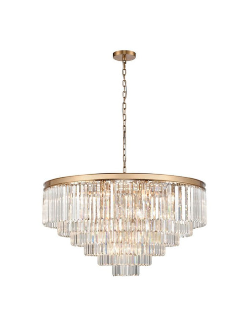 Extra large gold banded, 5 tiered prism chandelier with 27 lights. Absolutely stunning statement chandelier, the gleam of the gilt band and the crisp light of the crystal are opulent in the extreme.