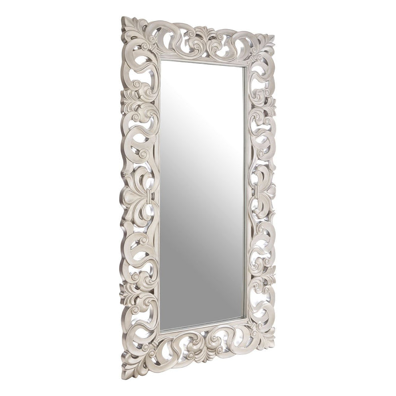 Extra tall, highly decorative silver mirror. A statement in a subtle rubbed silver finish with ornate pierced frame.