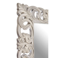 Extra tall, highly decorative silver mirror. A statement in a subtle rubbed silver finish with ornate pierced frame.