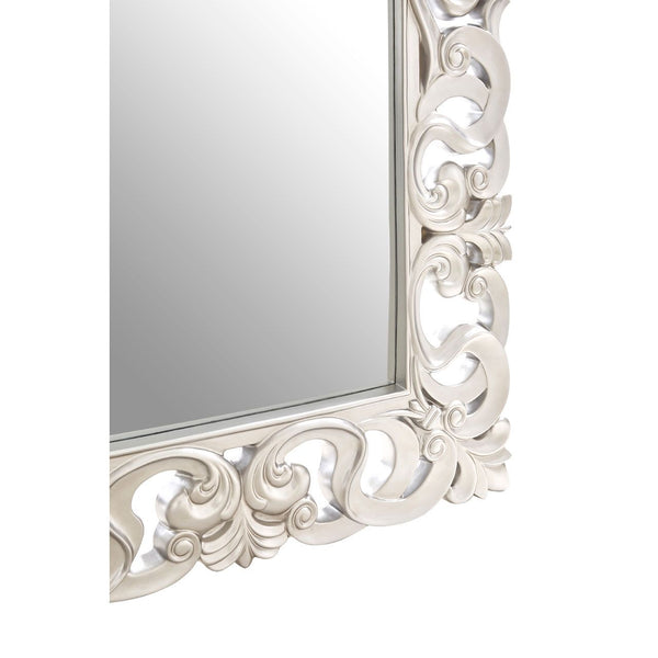 Extra tall, highly decorative silver mirror. A statement in a subtle rubbed silver finish with ornate pierced frame.
