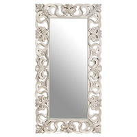 Extra tall, highly decorative silver mirror. A statement in a subtle rubbed silver finish with ornate pierced frame.