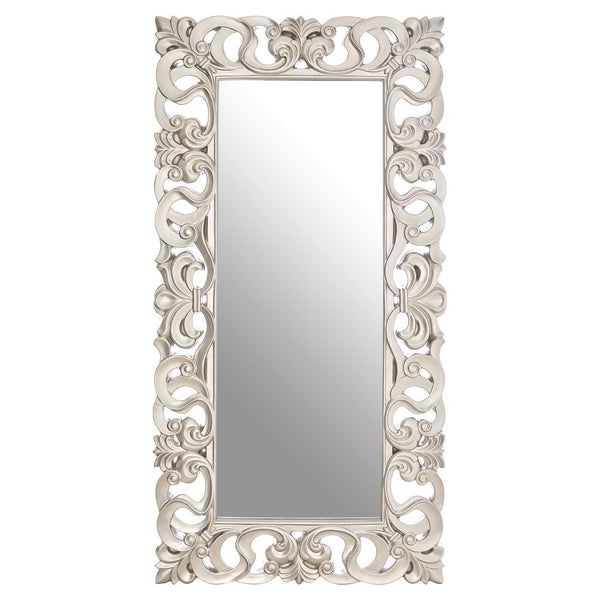 Extra tall, highly decorative silver mirror. A statement in a subtle rubbed silver finish with ornate pierced frame.