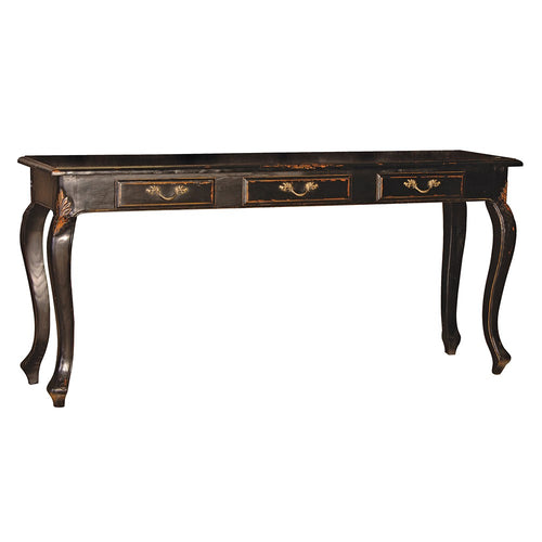 A dark black mahogany wood table with three useful draws.  Slender cabriole legs and brass leaf feature drawer handles makes this a luxurious vintage looking piece of furniture, ideally placed for a hallway or dining room.   H: 80cm W: 175cm D: 47cm
