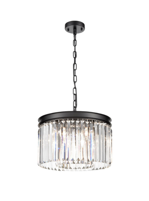 Double drop crystal prism chandelier with 5 lights.  A glamorous but simple chandelier perfect for powder rooms, hallways, landings and small bedrooms for an extra touch of elegance.  Real crystal chandelier drops in a striking prism cut gives this pendant it's ultimate lux look.  W: 40 cm H: 41 cm Max Height: 178 cm   Weight: 9.60 Kg  IP Rating 20  Requires 5 x E14 small Edison screw bulbs.  