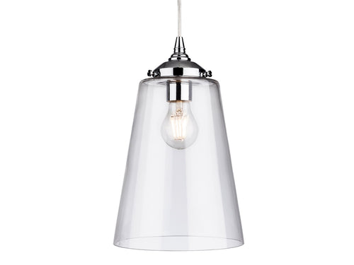Tall clear glass pendant with chrome accents, perfect island light with a stunning filament bulb.