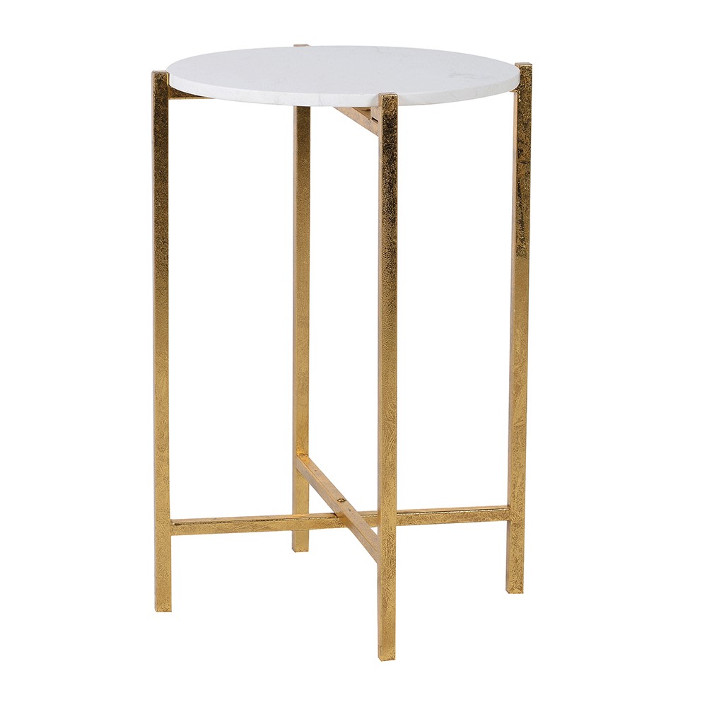 A glamorous and stylish small side table with a faux white marble top.  Thin and tall to be placed beside a sofa, or to place a lamp upon.   H: 63cm W: 43cm 