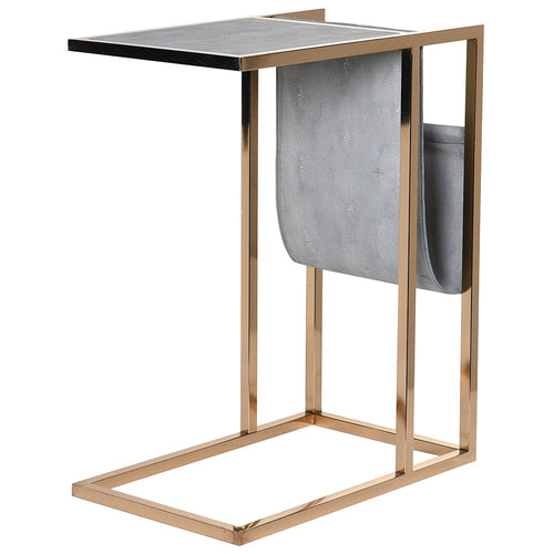 Sofa table in faux shagreen and brushed gold metal, made to slide under a sofa. Tables in this shape are perfect space savers and in this fabrication adding glamour to any room.