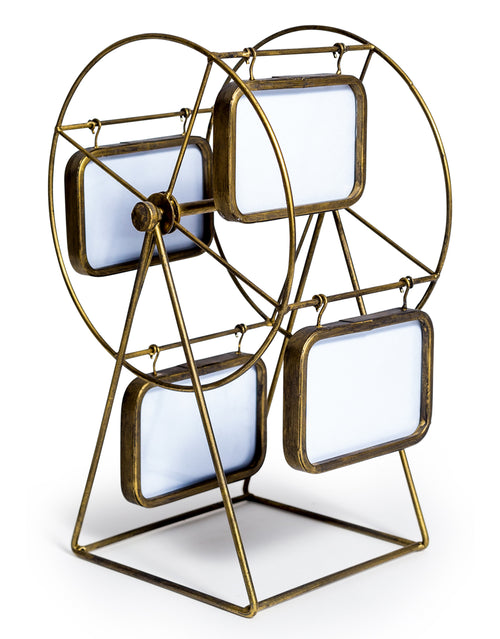 A movable antique brass metal multi-photo picture frame stand that rotates in a Ferris Wheel motion.  Takes four 6x4 inch photos.  An unique gift guaranteed to surprise and delight.   H: 42cm W: 22cm D: 28cm