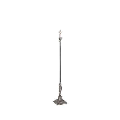 Tall antiqued silver metal classic shaped floor lamp, stunning with black or silver shade or shade with silver lining.