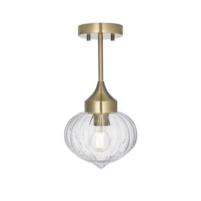 Brushed brass metal and glass flush pendant, so good to find a flush ceiling light which is also pretty.  H: 35 cm W: 20 cm D: 20 cm  Weight: 1.84 Kg