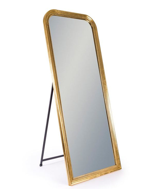 A tall gold framed beaded full length dressing / cheval mirror.   Mirror has hooks on the back so can be hung as well as be free standing.   H: 163 cm W: 64 cm D: 4 cm