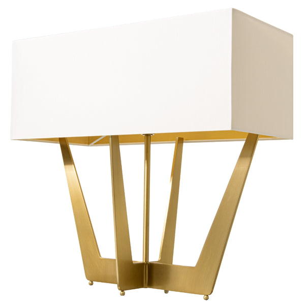Stunning gilt metal based table lamp with a geometric design, absolutely scene stealing. Complete with a beautiful rectangular shade, two of these statement lamps will enhance any room.  H: 50 cm (with shade) W: 48 cm D: 23 cm