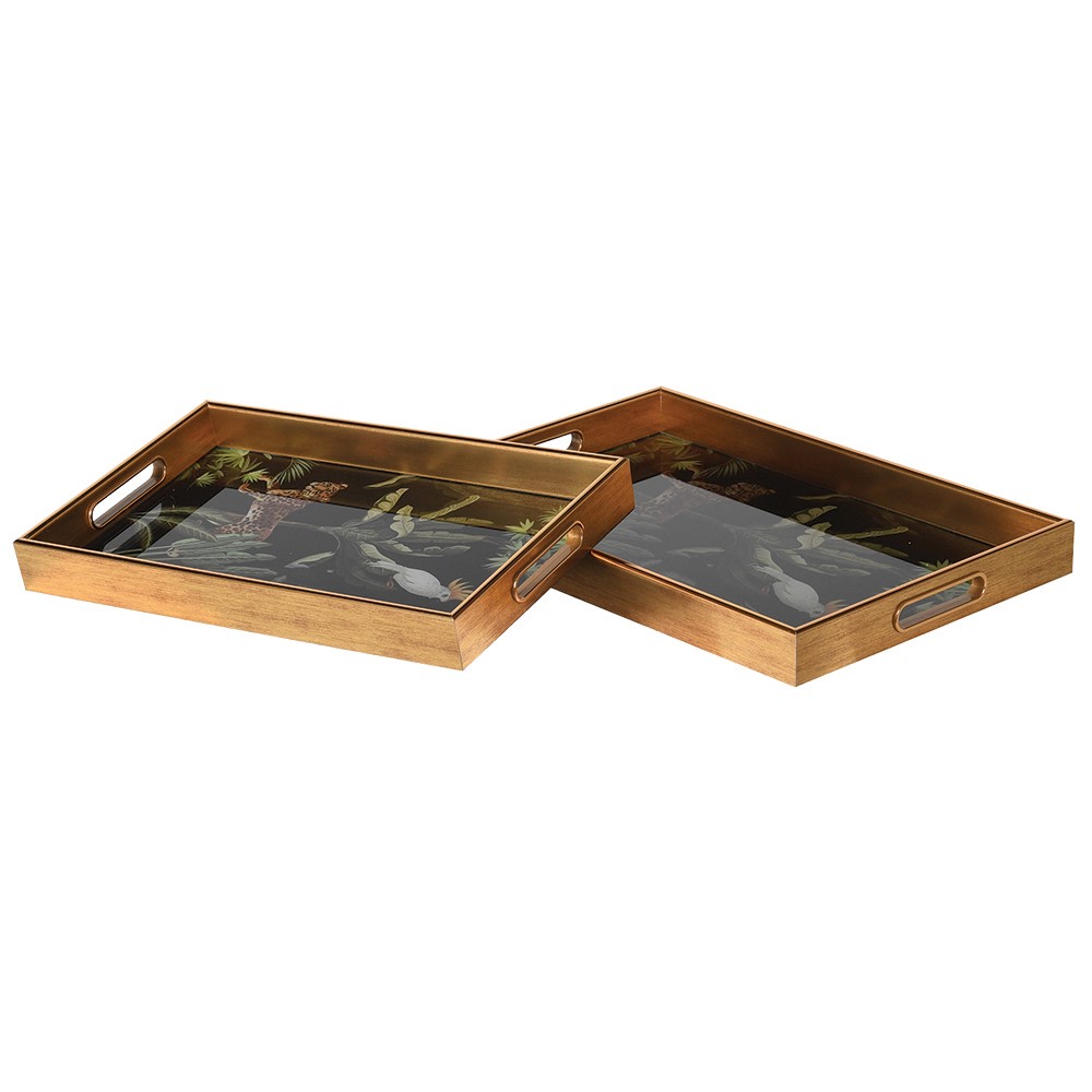 Gilt wooden Lacquer trays with parrot design. The high-gloss lacquer finish gives the trays a sleek, sophisticated look that adds a touch of luxury to any space. 