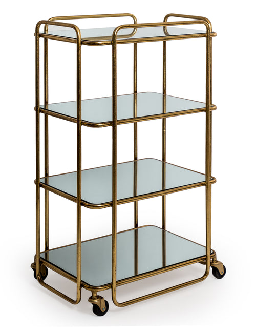 Drinks trolley with 4 tiers encased in a gilt metal frame.