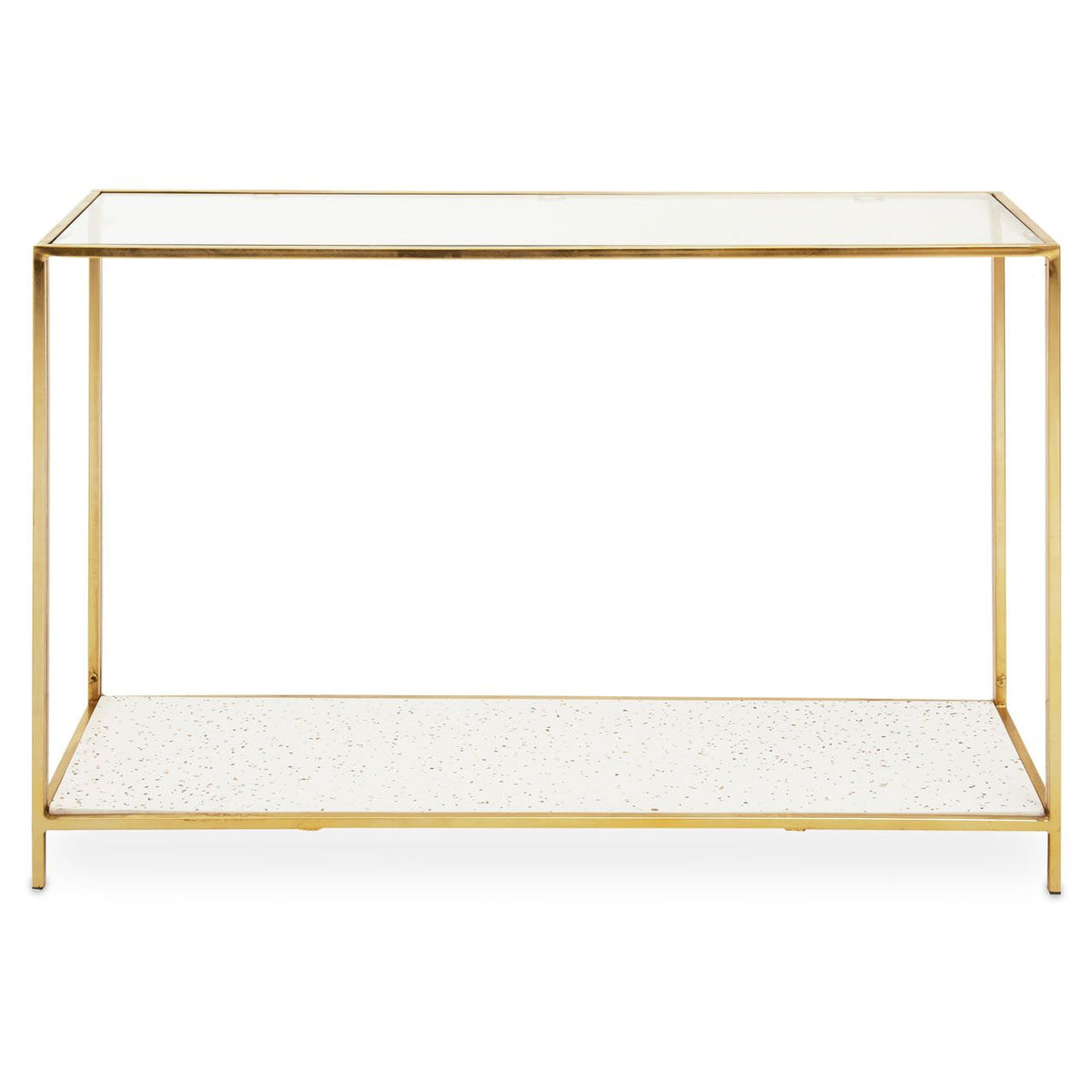 Very simple long gilt metal and brass hall table, the addition of a lower shelf adds to the usefulness of this console.