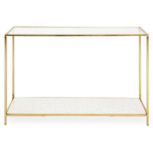 Very simple long gilt metal and brass hall table, the addition of a lower shelf adds to the usefulness of this console.