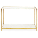 Very simple long gilt metal and brass hall table, the addition of a lower shelf adds to the usefulness of this console.