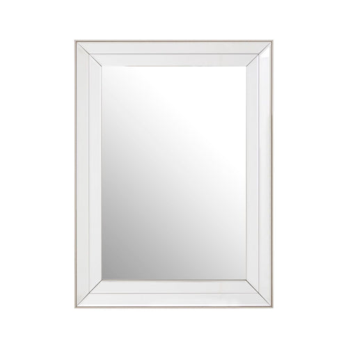 A simple glass framed mirror with champagne silver border.