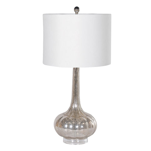 Perfect aged, mercury glass lamp base with a white circular shade, great bedroom or sitting room light. A fantastic ethereal look, with a tinted bulb glowing onto the glass base - stunning !!!