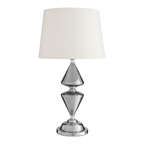 A stylist table lamp with a glass stand shapered into two geometric cones in a chrome base with a white tapered shade. 